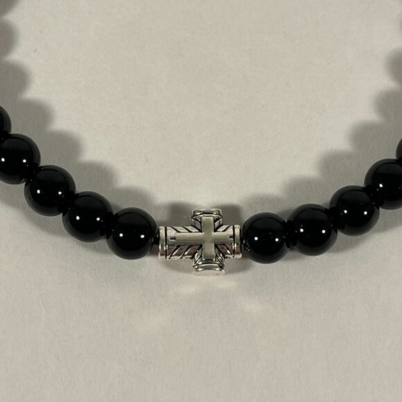Mini Silver Cross Black Glass Bead Bracelet NWT - Picture 1 of 3